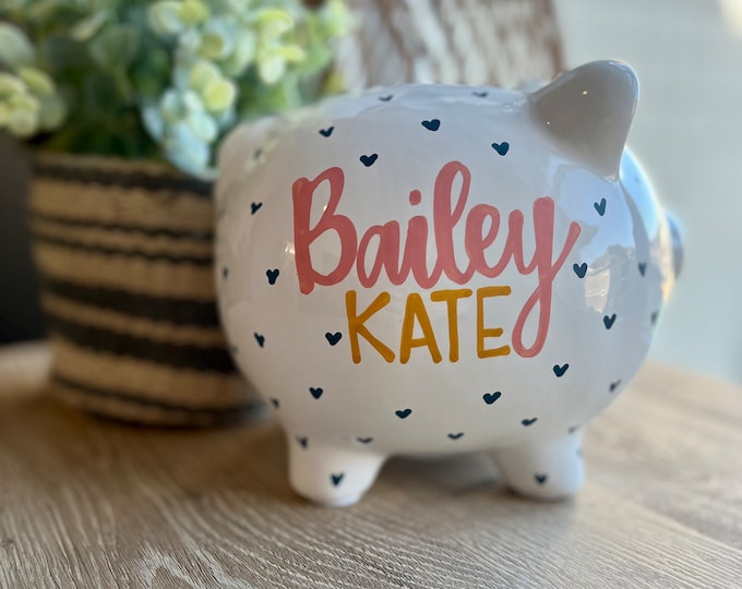 Personalized Hand-Painted Ceramic Piggy Bank Boy Girl: Baby Shower, Nursery Decor, Birthday Gift