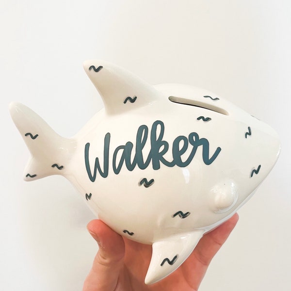 Shark, Personalized Piggy Bank - Kids, Children’s Piggy Bank - Shark Bank - Hand Painted Money Bank - Customized Shark Gift