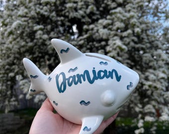 Shark, Personalized Piggy Bank - Kids, Children’s Piggy Bank - Shark Bank - Hand Painted Money Bank - Customized Shark Gift - Nursery Decor