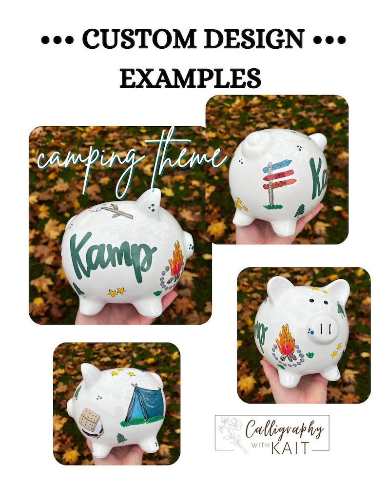 May include: White piggy banks with custom camping-themed designs. The banks feature illustrations of campfires, tents, and directional signs. The text "Custom Design Examples" and "Camping Theme" are also visible.