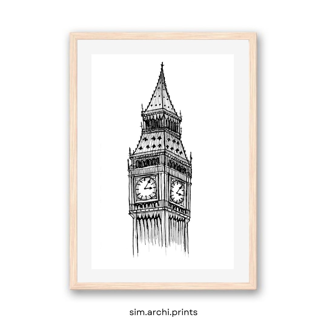 Vintage Architecture Sketch Big Ben Architectural Drawing Digital Print ...