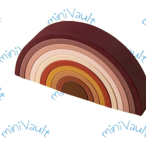 May include: A wooden rainbow stacking toy with 10 arches in shades of brown, pink, and orange. The arches are arranged in a semi-circle, with the largest arch at the top and the smallest arch at the bottom.