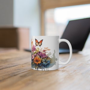 Zinnia Floral Coffee Mug: Watercolor Botanical Cup, 11oz