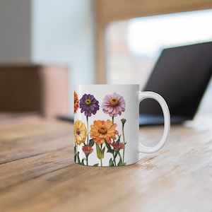 Watercolor Zinnia Mug: Floral Botanical Art Coffee Cup