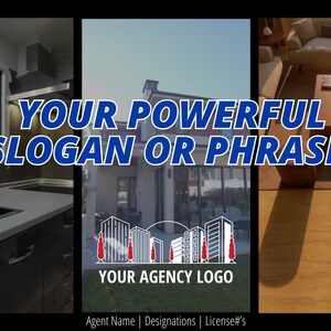 以下が含まれることがあります： 「YOUR POWERFUL SLOGAN OR PHRASE!」という青と白のテキストオーバーレイと、「YOUR AGENCY LOGO」という赤と白のロゴが書かれた不動産マーケティングテンプレート。テンプレートには、モダンなキッチン、家の外観、リビングルームの3つの画像が掲載されています。