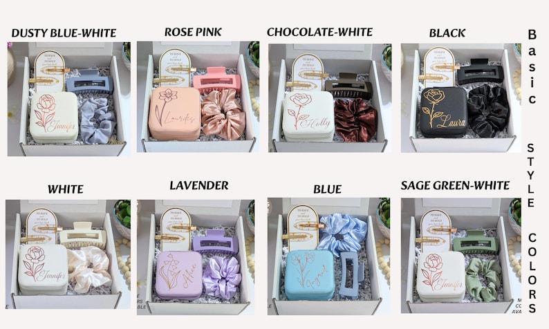 May include: Gift boxes with hair accessories in various colors. Each box contains a hair clip, scrunchie, and a small box with a floral design and a name. Colors include dusty blue, rose pink, chocolate, black, white, lavender, blue, and sage green.