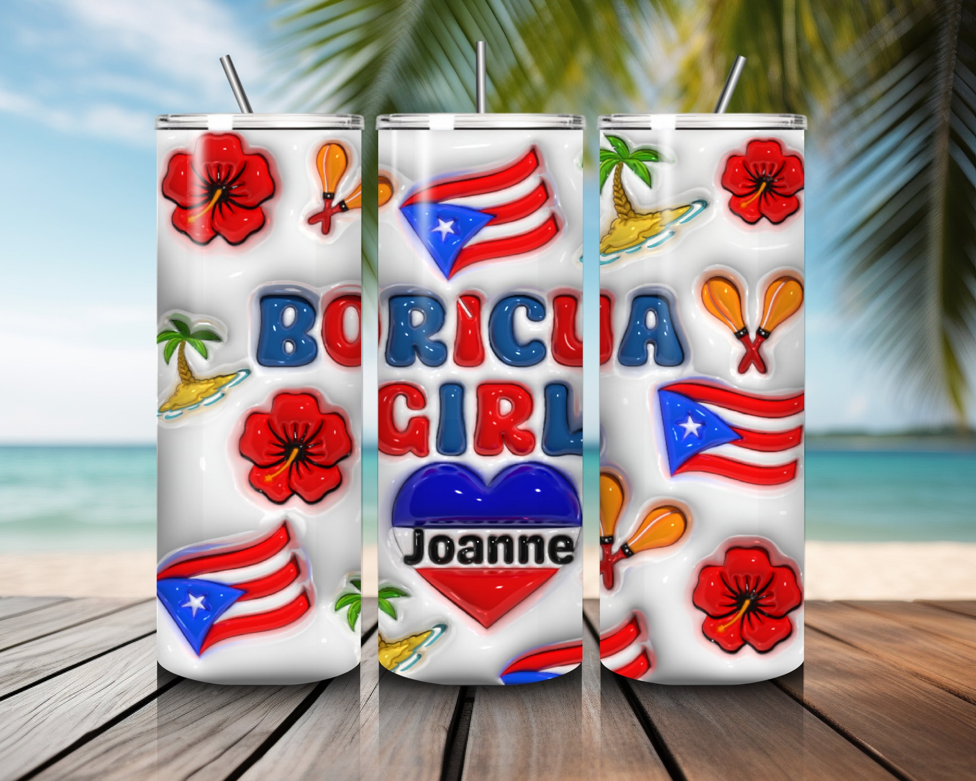 3D Puerto Rico Boricua Girl Tumbler With Lid and Straw, Personalized