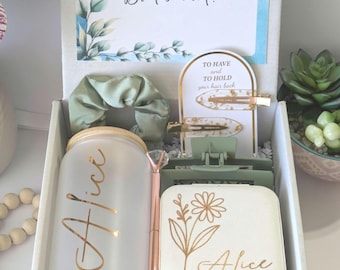 Self Care Package Bridesmaid gift Personalized Name Birth Month Flower Travel Jewelry Case For Women Mom Birthday gift box Blush pink Sage