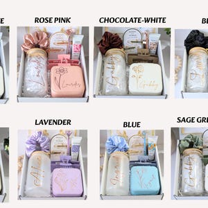 May include: A collection of gift boxes in various colors, each containing a jar, soap, and other beauty items. Colors include dusty blue, rose pink, chocolate, black, white, lavender, blue, and sage green. The text "Premium Style Colors" is visible.