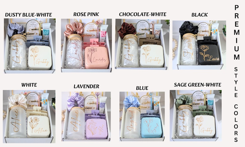 May include: A collection of gift boxes in various colors, each containing a jar, soap, and other beauty items. Colors include dusty blue, rose pink, chocolate, black, white, lavender, blue, and sage green. The text "Premium Style Colors" is visible.