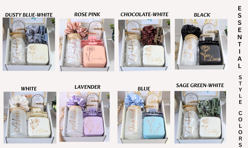 May include: Gift boxes in various colors, each containing a jar, soap, and scrunchie. Colors include dusty blue, rose pink, chocolate, black, white, lavender, blue, and sage green. The text "Gabby", "Alice", and "Ingrid" are visible on the jars.