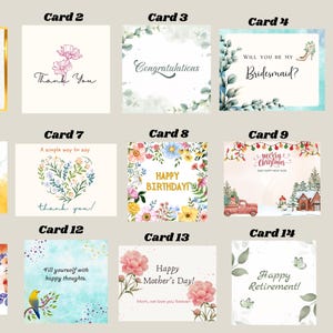 May include: A collection of 15 greeting cards with various designs and messages. The cards feature watercolor illustrations, including floral arrangements, a Christmas tree, and celebratory text such as "Happy Birthday" and "Thank You".