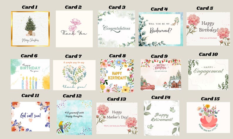 May include: A collection of 15 greeting cards with various designs and messages. The cards feature watercolor illustrations, including floral arrangements, a Christmas tree, and celebratory text such as "Happy Birthday" and "Thank You".
