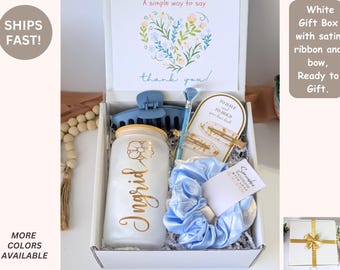 Hygge Gift Box Personalized Happy Birthday Gift package Sage green Hair Accessories Self Care basket with Glass Tumbler Dusty blue scrunchie