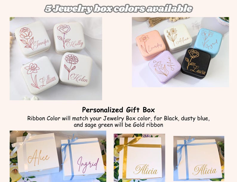 May include: An assortment of personalized jewelry boxes in various colors, including white, pink, lavender, blue, and black. Each box features a floral design and a name. The image also shows gift boxes with ribbons.