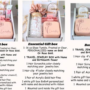 May include: Gift boxes with various items, including a tumbler, jewelry box, scrunchie, and hair clip. The boxes are labeled "Premium", "Essential", and "Basic". The jewelry box is peach-colored and has a floral design.