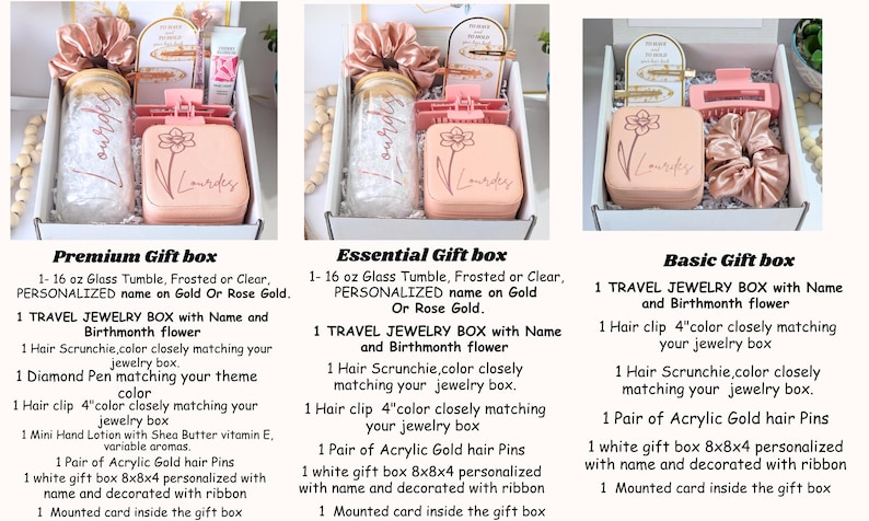 May include: Gift boxes with various items, including a tumbler, jewelry box, scrunchie, and hair clip. The boxes are labeled "Premium", "Essential", and "Basic". The jewelry box is peach-colored and has a floral design.
