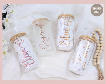 Personalized Bridesmaid Glass Tumbler with lid and straw, Wedding party favor Glass Can, Bachelorette Party Favor Tumbler gift, Bride gift