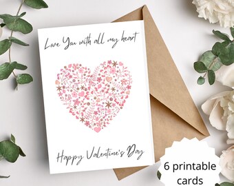 Printable Valentines Cards for Friends, Mom and Grandma - Set of 6 - Downloadable PDF - Flower Heart