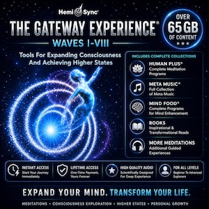 Puede incluir: Un gráfico promocional digital para The Gateway Experience Waves I-VIII de Hemi-Sync. Presenta una silueta humana azul brillante en medio de patrones de luz giratorios sobre un fondo estrellado oscuro, enumerando más de 65 GB de contenido, programas de meditación, música y libros.