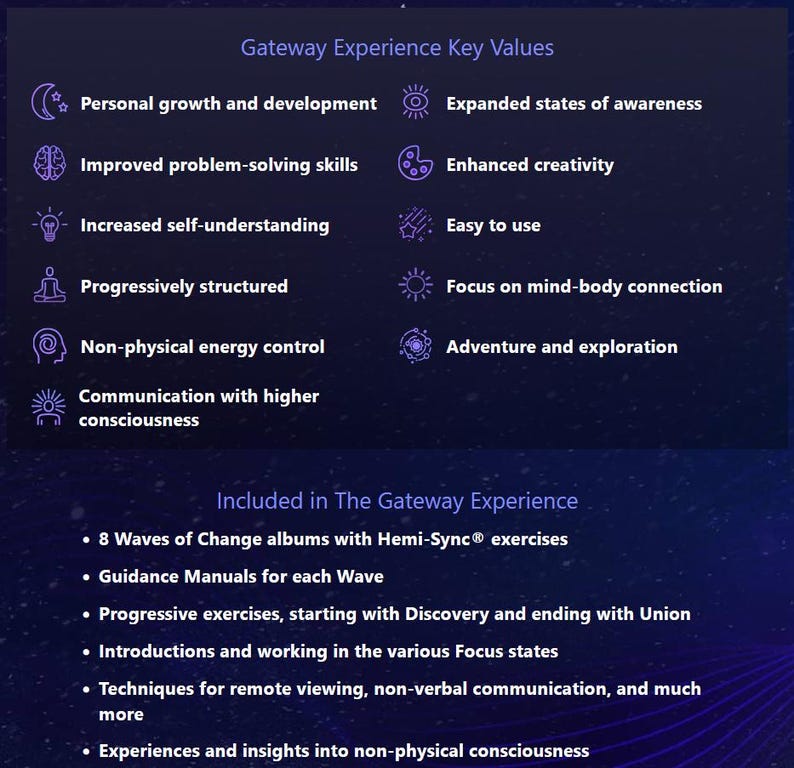 May include: A dark blue informational graphic titled Gateway Experience Key Values, listing benefits like personal growth, improved problem-solving, and non-physical energy control, followed by a list of included items like 8 Waves of Change albums.