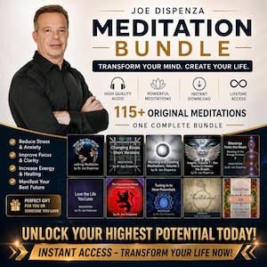 Puede incluir: Un anuncio de un paquete de meditación de Joe Dispenza con un hombre en camisa negra, texto que indica 115+ meditaciones originales e iconos de audio de alta calidad, meditaciones potentes, descarga instantánea y acceso de por vida.