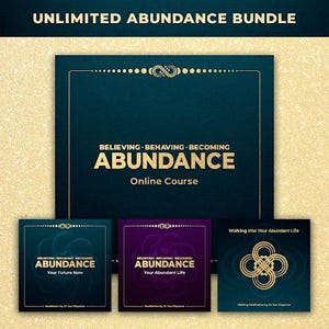Op de afbeelding: Een afbeelding van "Unlimited Abundance Bundle" met een teal achtergrond. De hoofdtekst luidt "Believing, Behaving, Becoming Abundance Online Course". Daaronder staan drie kleinere vierkante afbeeldingen met de woorden "Abundance" en "Your Future Now", "Your Abundant Life" en "Walking Into Your Abundant Life".