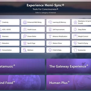 May include: A digital interface titled Experience Hemi-Sync Tools For Consciousness with a grid of categories including Creativity, ADD/ADHD, Shamanic, Relaxation, Concentration, Enhanced Well-Being, Health Issues, Dream Better, Spa & Yoga, Wellness, Learning & Memory, Self Improvement, Behavior Modification, Reduce Stress, Child & Baby, Meditation & Spiritual Growth, Sleep Better, Weight Control, Death & Dying, and Accessories, plus four large purple panels labeled Metamusic, The Gateway Experience, Mind Food, and Human Plus.