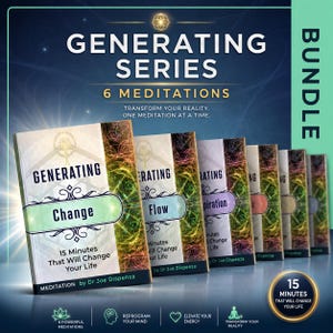 Puede incluir: Un paquete de la serie Generating con seis libros de meditación de Dr. Joe Dispensa. Cada portada presenta arte lineal abstracto y colorido, el título Generating y temas como Change, Flow e Inspiration. El texto incluye 15 Minutes That Will Change Your Life.