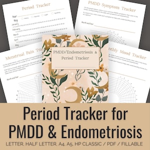 Seguimiento del período, síndrome disfórico premenstrual y endometriosis / Seguimiento de síntomas, dolor y cuidados personales / Imprimible y rellenable / Carta, media página, A4, A5, tapa dura, clásico