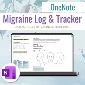 May include: A digital migraine log and tracker template for OneNote. The template includes sections for tracking headache type, severity, duration, medication, triggers, and other symptoms. The template also includes a symbol key for different types of pain and a section for selecting stickers to represent pain location.