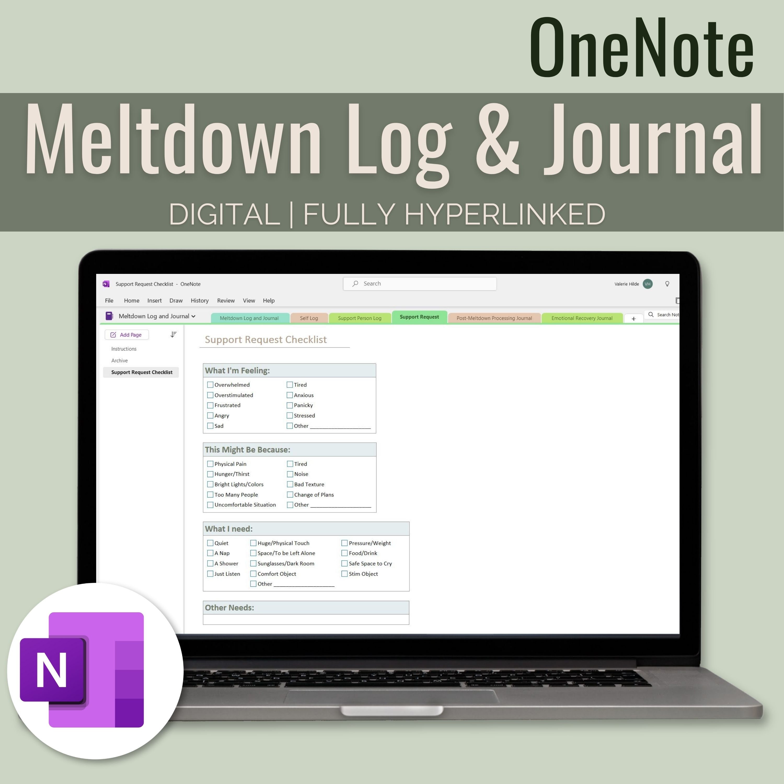 Autistic Log Autistic Meltdown Log Onenote Template & Digital Journal | Mental ...