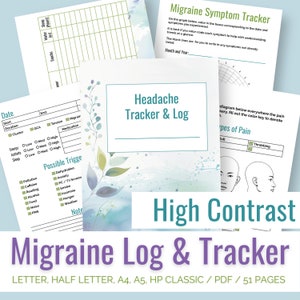 May include: A printable migraine log and tracker with a watercolor background. The log includes sections for tracking headache duration, intensity, and possible triggers. The tracker includes a graph for recording migraine symptoms over time. The text "High Contrast" is printed in large, bold letters.