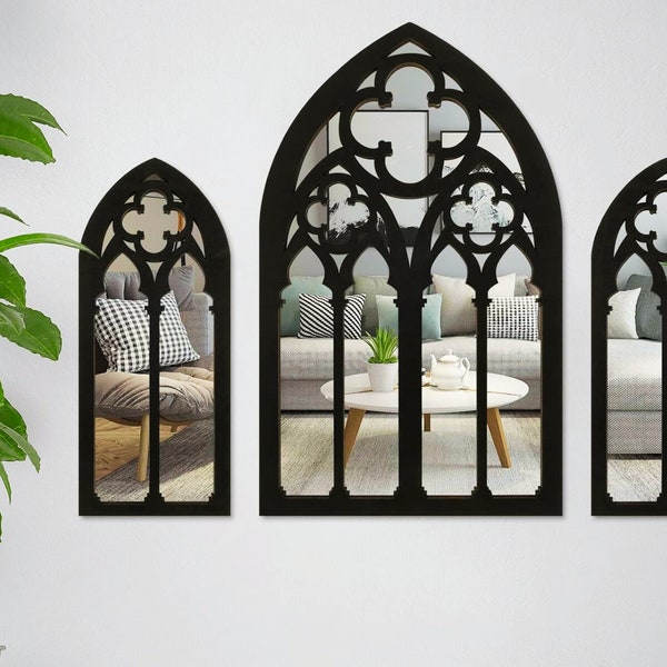 Gothic Antique Arched Mirror, Set of 3, Cathedral Arch Window | Hand Forged | Wooden Frame Mirror | Wall Decor