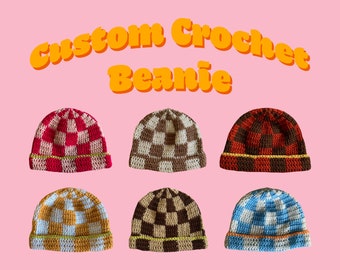 Custom crochet checkered beanie | Handmade checkerboard winter hat