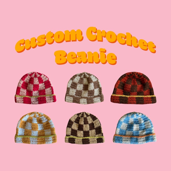 Custom crochet checkered beanie | Handmade checkerboard winter hat
