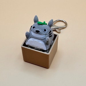 May include: A small gray and white character with a green leaf on its head is attached to a keychain. The character is sitting inside a small, beige box.