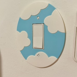 Puede incluir: Una cubierta de interruptor de luz blanca con un fondo azul y nubes blancas. El interruptor está etiquetado como "Leviton".