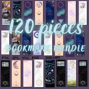 120 Zodiac Sign Printable Bookmarks | Astrology Bookmark Bundle | Digital Download | Horoscope Signs Bookmarks | Celestial Bookmark Set SVG
