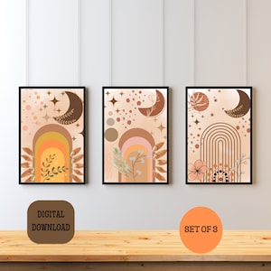 Arte Boho: Geometria astratta con arancione, beige e marrone, 3 pezzi di arte digitale da parete, download immediato, idee per l'arredamento del soggiorno, set di 3
