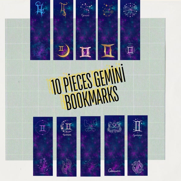 Gemini Zodiac Sign - 10 Digital Bookmark Designs for Astrology Enthusiasts, Printable bookmark Bundle JPG PNG, Horoscope, Bookmark  SVG