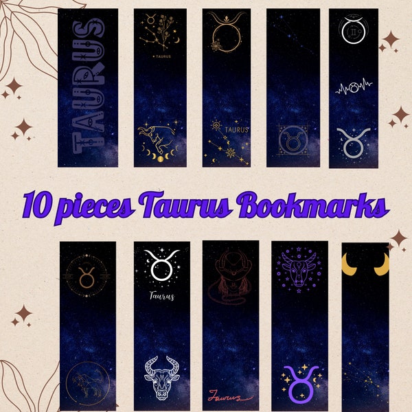 Zodiac Gems: 10 Digital Taurus Bookmarks for Astrology Admirers, Printable bookmark SVG JPG PNG, bookmark ideas, Bookmarks Designs Horoscope