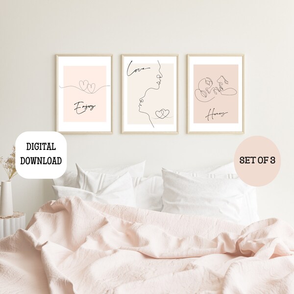 Honey Love Collection - Romantic Digital Wall Painting Set, Modern Home Decoration three piece wall art, gift for her, printable set of 3