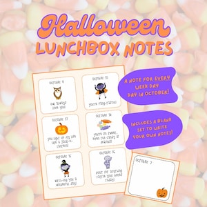 Puede incluir: Notas para loncheras con temática de Halloween con ilustraciones y texto. Las notas incluyen frases como "¡Owl always love you!" y "¡You're fang-tastic!" El conjunto incluye una nota en blanco para escribir tus propios mensajes. El fondo presenta caramelos.