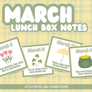 May include: A set of March lunch box notes with a light green and yellow plaid background. Each card features a different design, including tulips, shamrocks, an umbrella, and a pot of gold. Text includes "March" and inspirational quotes.