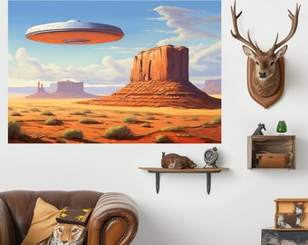 UFO sulla Monument Valley - Poster opaco, Strana strana arte criptica, Poster surreale Trippy, Fantascienza Fantascienza, Storia alternativa