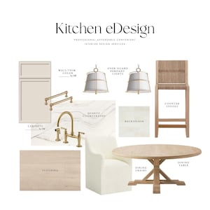May include: A kitchen design mood board featuring various elements such as cabinets, countertops, flooring, backsplash, a faucet, a dining table, chairs, and pendant lights. The text "Kitchen eDesign" is at the top of the board.