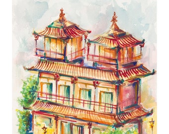 Temple in Singapore | Fine Art Print | Watercolour and Gouache Painting | Landscape | Home Décor | Travel | Building and Architecture