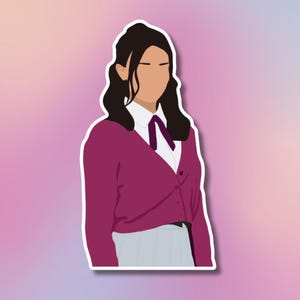 Puede incluir: Una pegatina con una ilustración minimalista de una persona con una camisa blanca con cuello, una corbata morada oscura y una rebeca a juego. La persona tiene el pelo oscuro y lleva una falda gris claro. El fondo es un degradado rosa y morado.