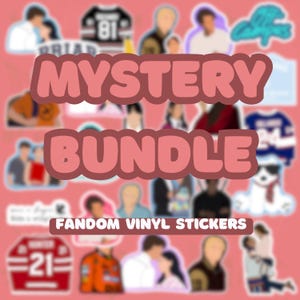 May include: A selection of fandom vinyl stickers on a pink backdrop. The stickers depict illustrations of people and objects, including jerseys, couples, and a dog. The words "MYSTERY BUNDLE" and "FANDOM VINYL STICKERS" are displayed in a pink font.